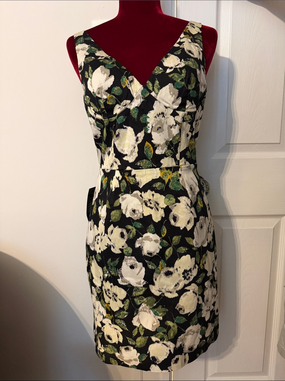 bebe Black Floral V-Neck Mini Dress with White and Green Accents